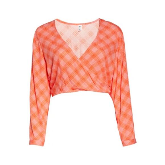 New BP. BP NORDSTROM ~ Pink-/Red Ian Bias Plaid Surplice V-neck Crop Top Size S - Picture 8 of 8